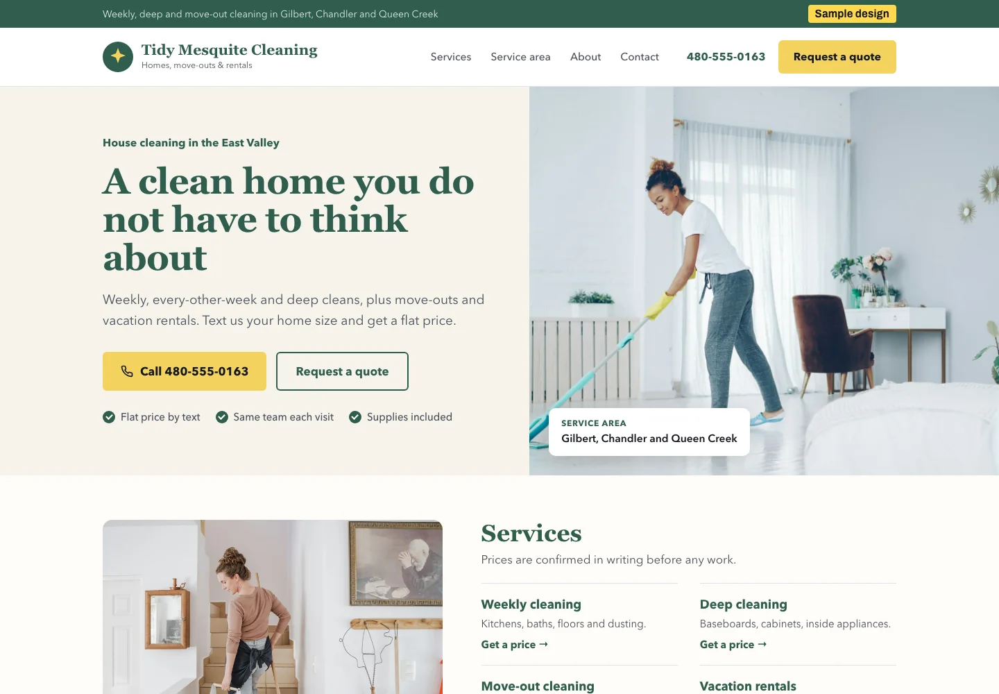 Sample homepage design for a cleaning company, desktop view
