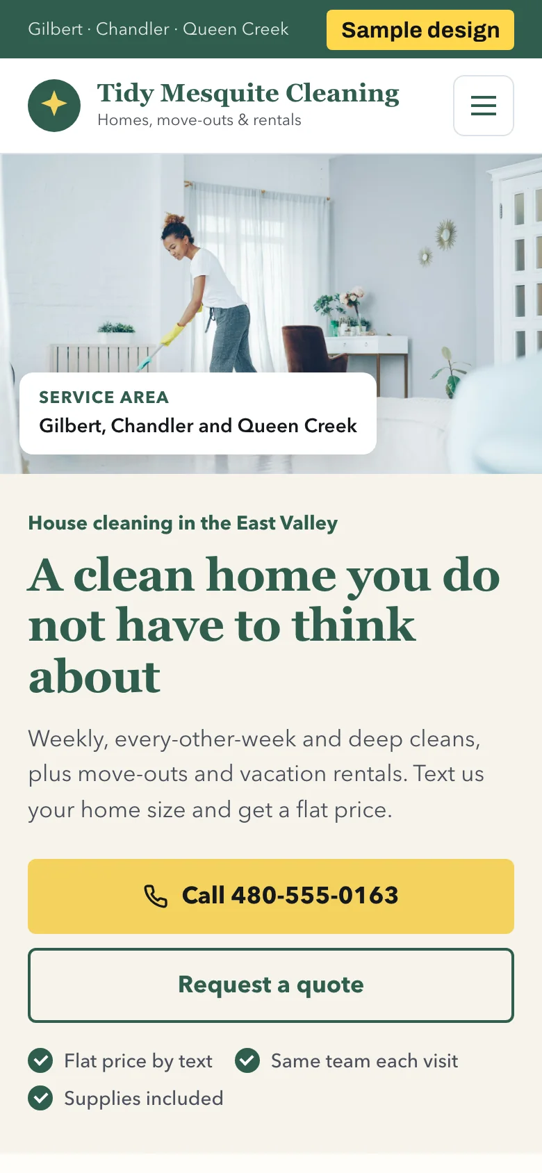 Sample homepage design for a cleaning company, phone view