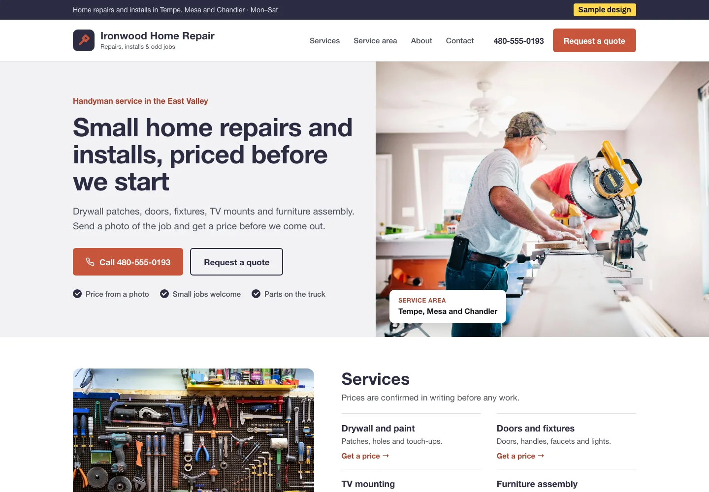 Sample homepage design for a handyman service, desktop view