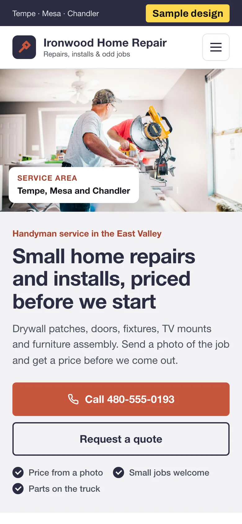 Sample homepage design for a handyman service, phone view