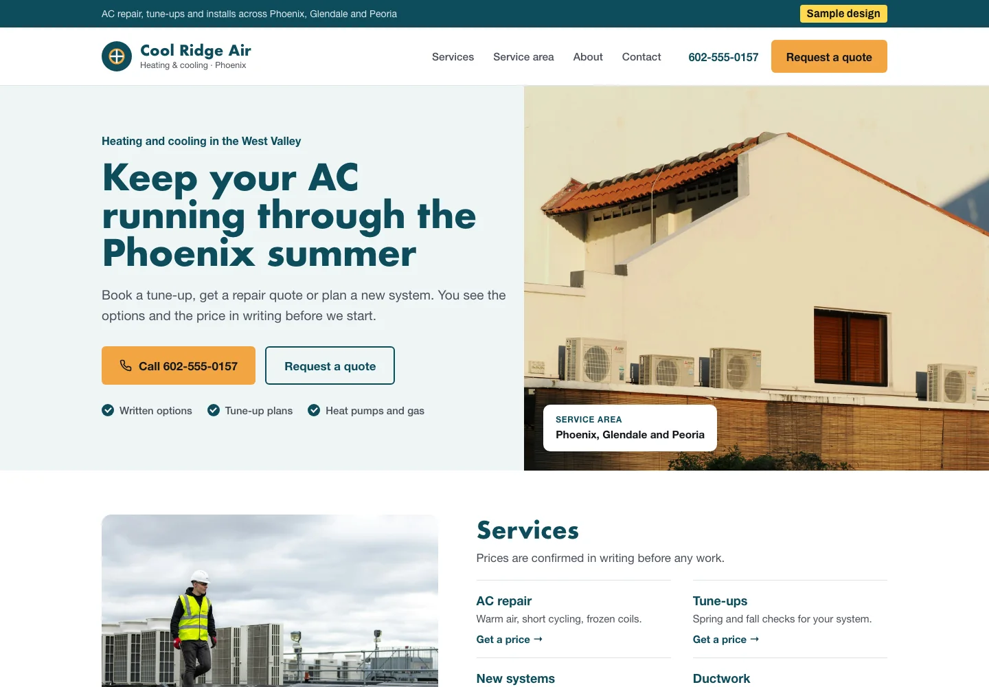 Sample homepage design for an HVAC company, desktop view