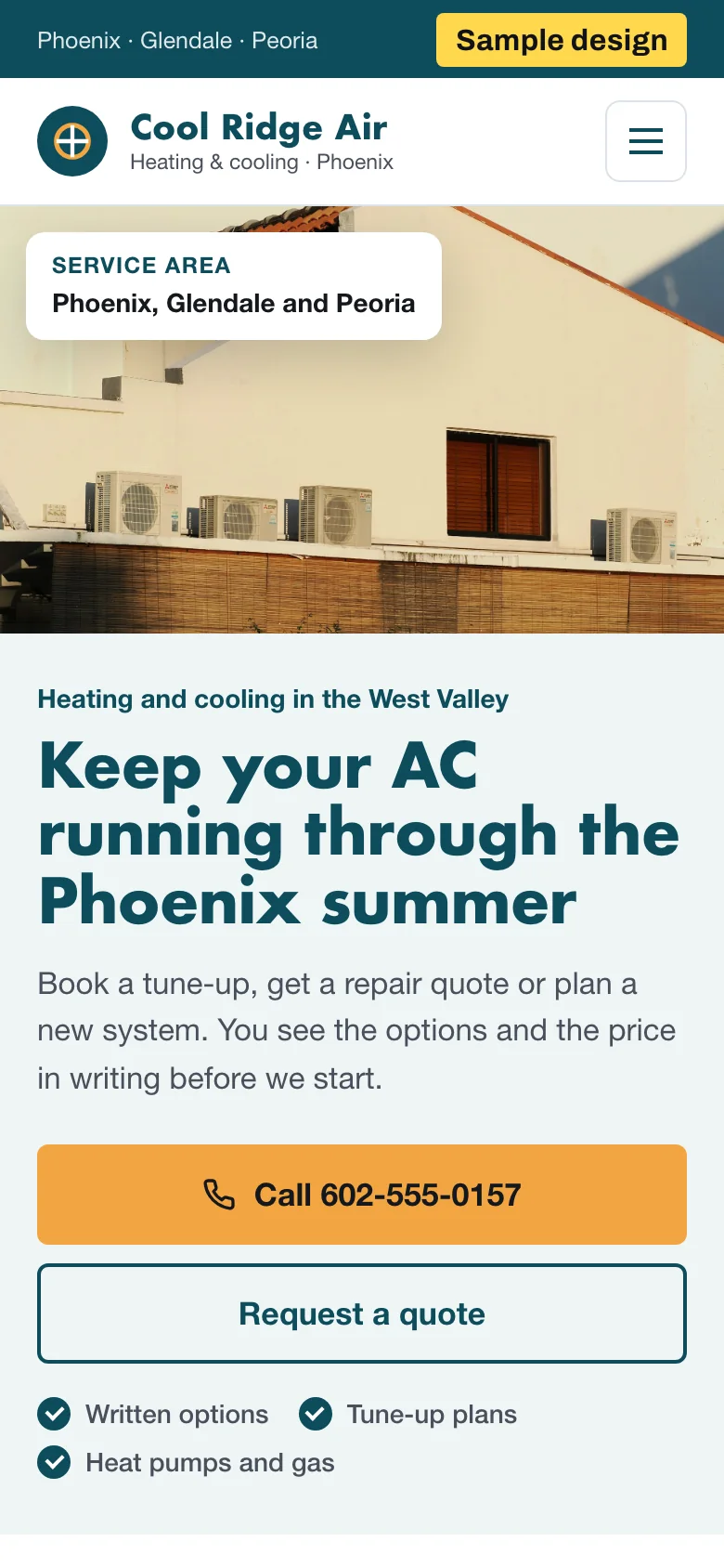 Sample homepage design for an HVAC company, phone view