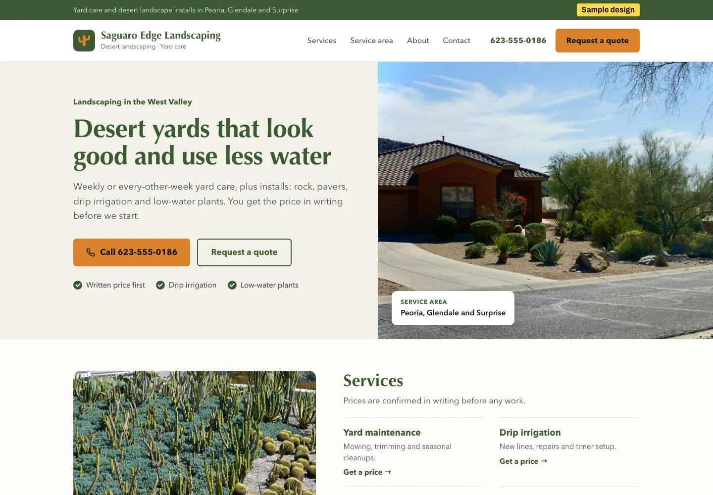 Sample homepage design for a landscaping company, desktop view