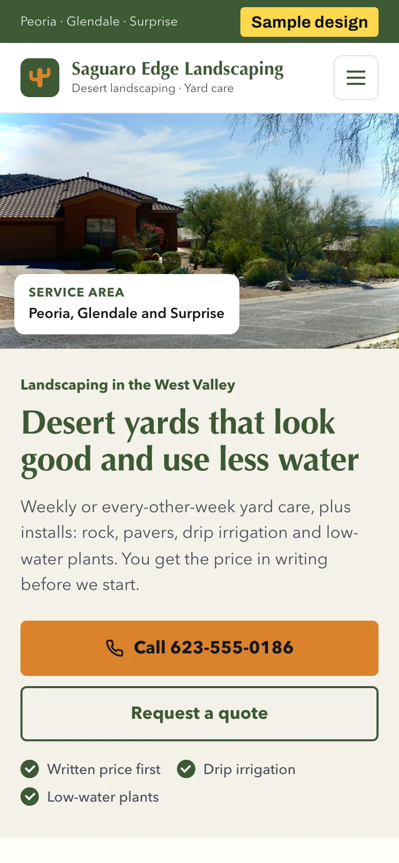 Sample homepage design for a landscaping company, phone view