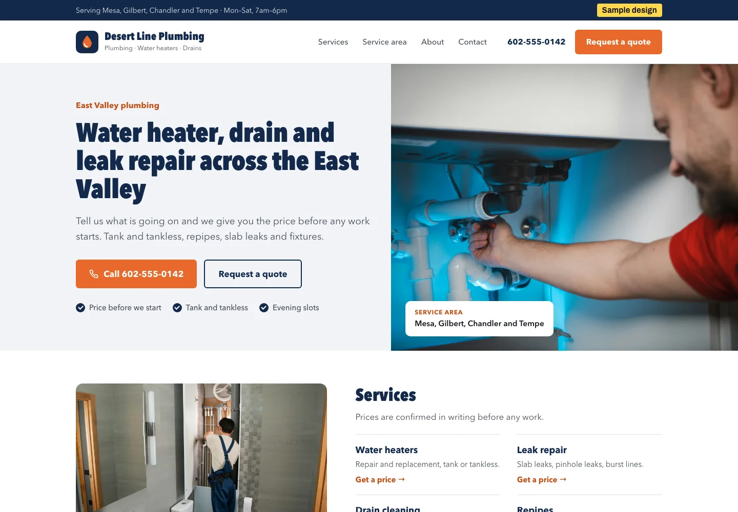 Sample homepage design for a plumbing company, desktop view