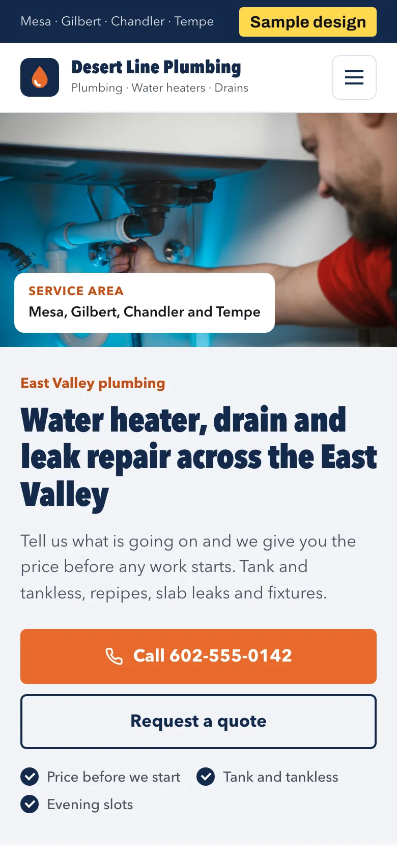 Sample homepage design for a plumbing company, phone view