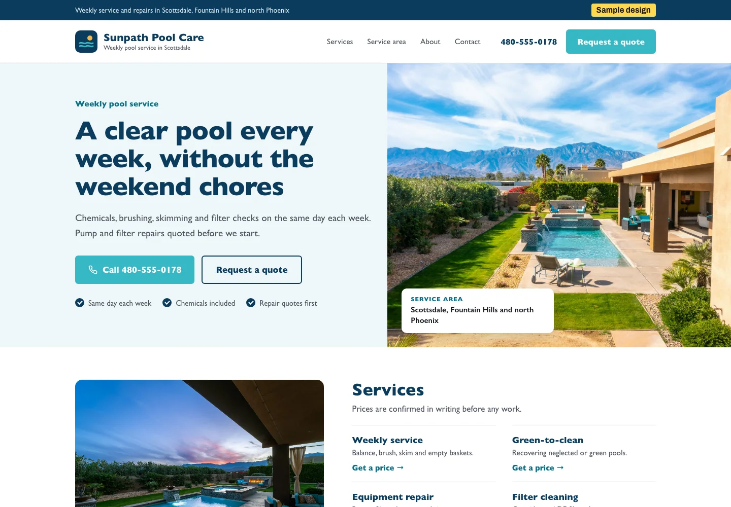 Sample homepage design for a pool service company, desktop view