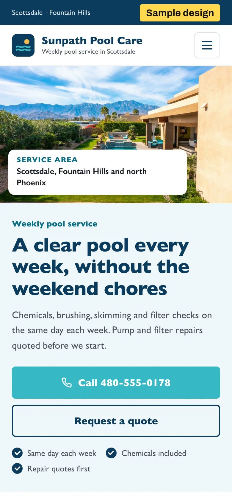 Sample homepage design for a pool service company, phone view