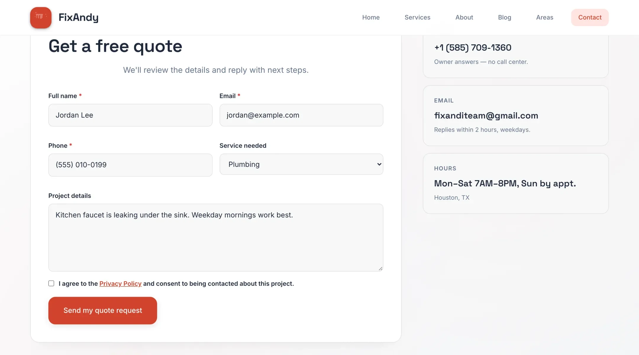 FixAndy quote-request form with fictional example contact details, a service choice and project description.