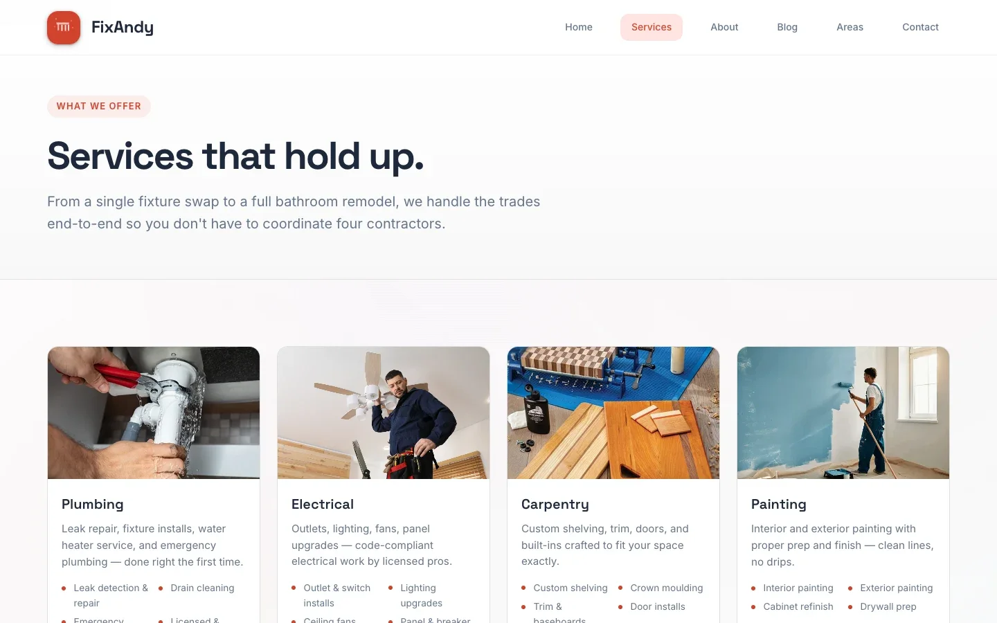 FixAndy services page with plumbing, electrical, carpentry and painting cards and starting prices.