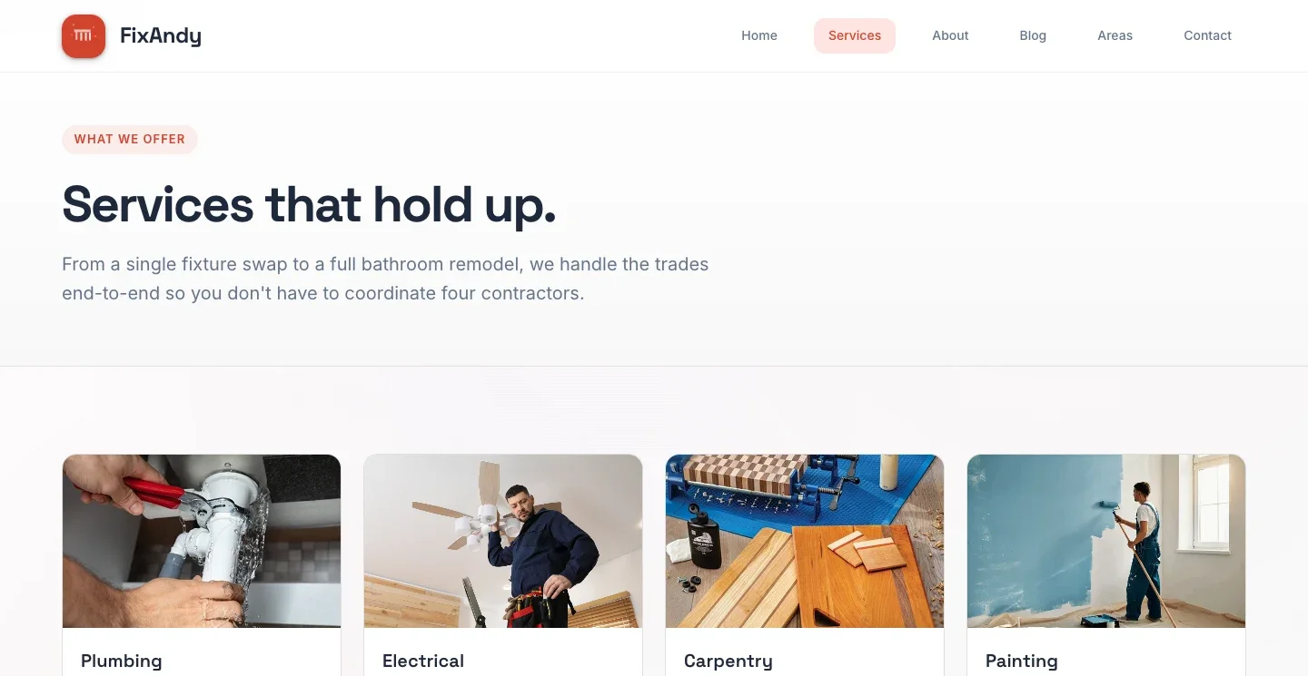 FixAndy services page with plumbing, electrical, carpentry and painting cards.