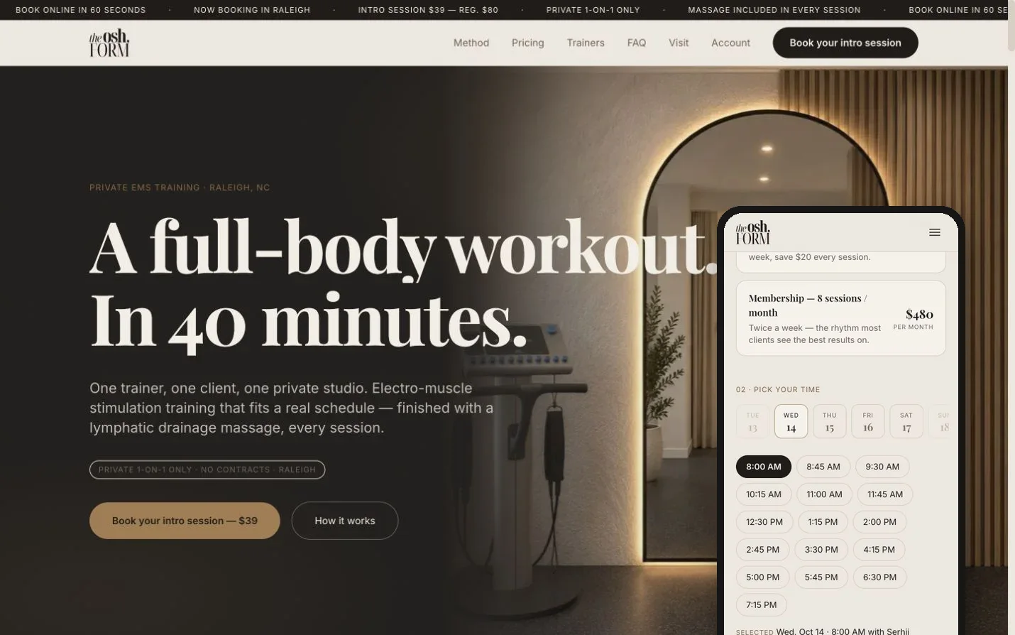 OSH FORM studio website: the home page for a private EMS studio in Raleigh, with the booking screen open on a phone showing packages and appointment times.