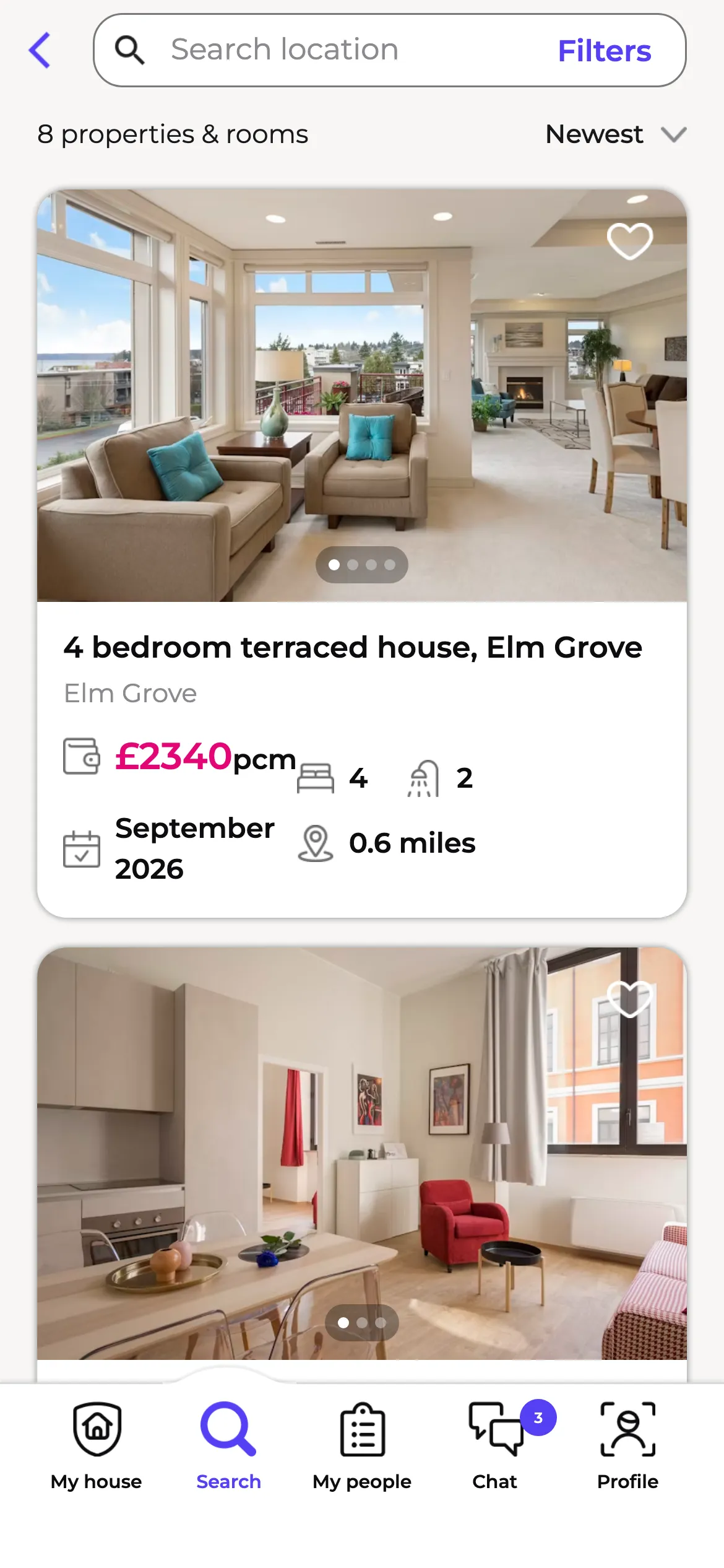 Roome mobile app property search with filters, listings and navigation.