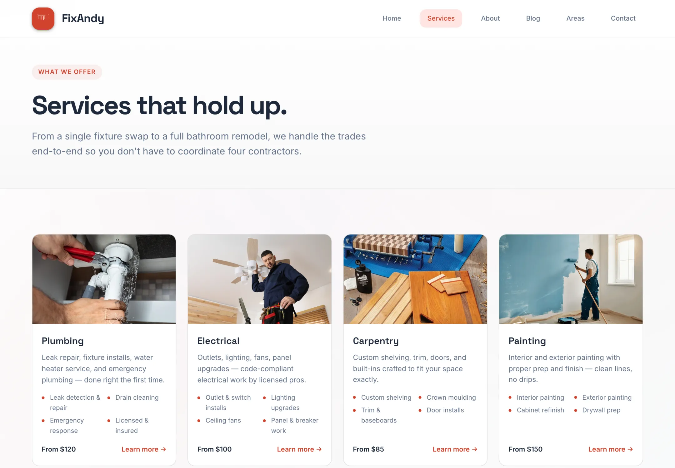 FixAndy services page with four trade cards, starting prices and Learn more links.
