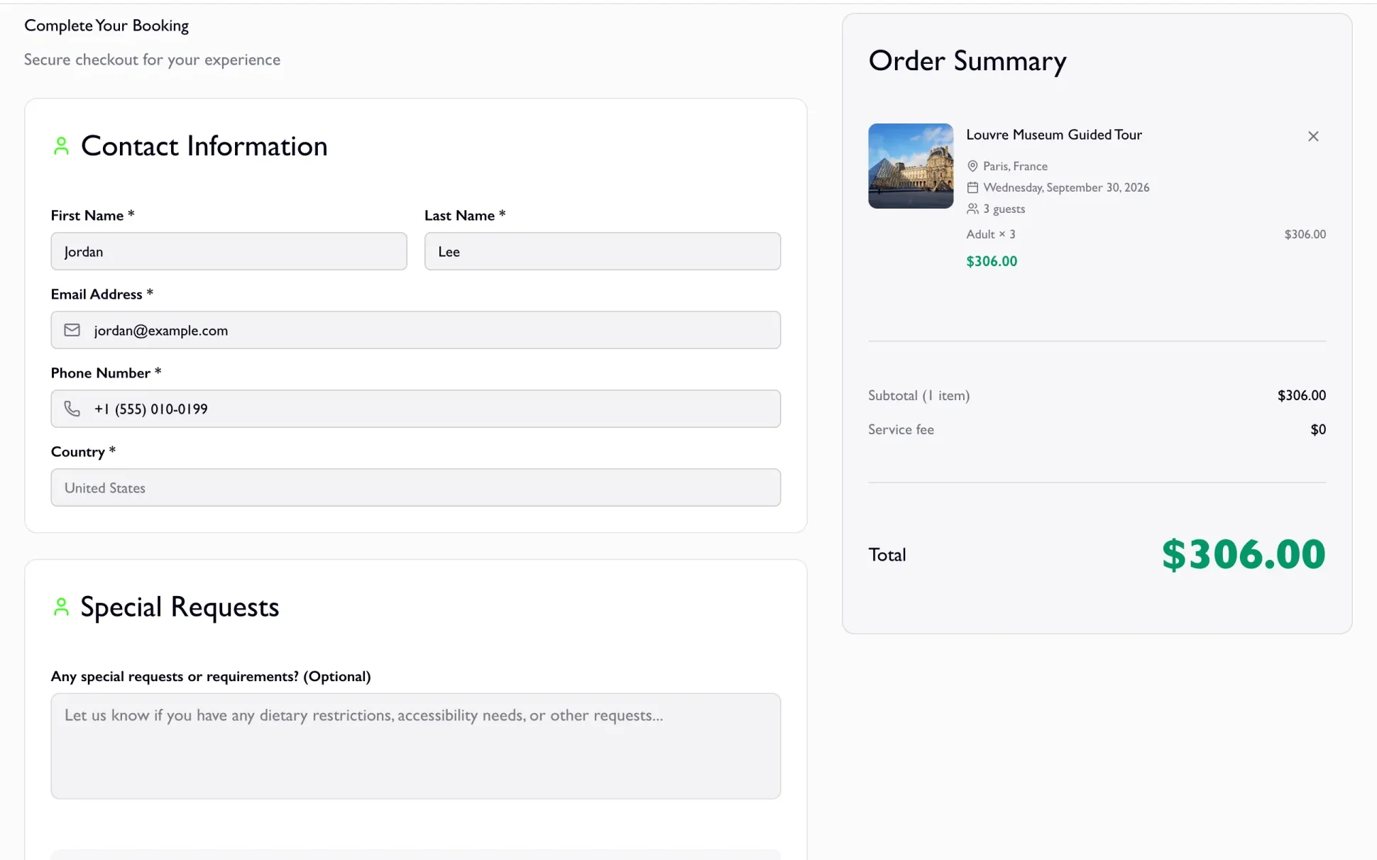 Vizitour checkout with contact details on the left and an order summary for a three-guest tour on the right; sample details.