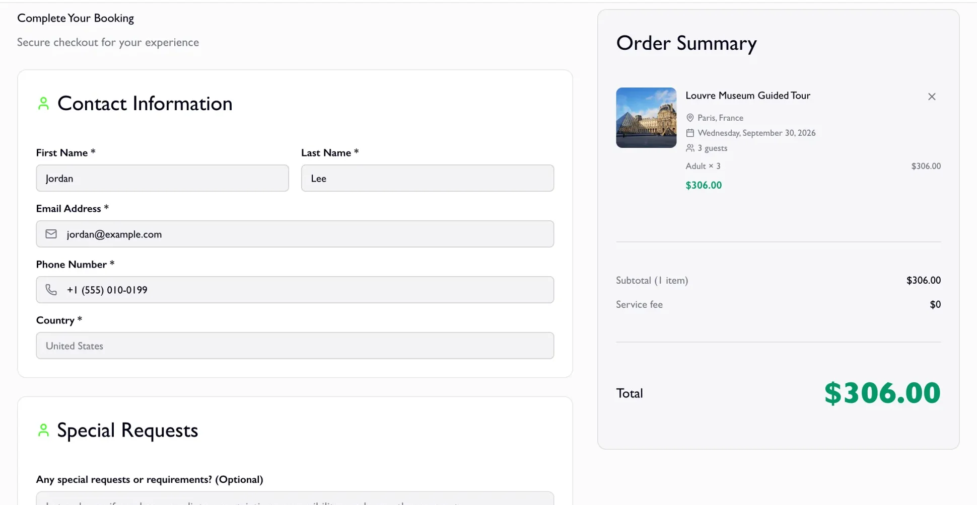 Vizitour checkout with contact details on the left and an order summary for a three-guest tour on the right; sample details.