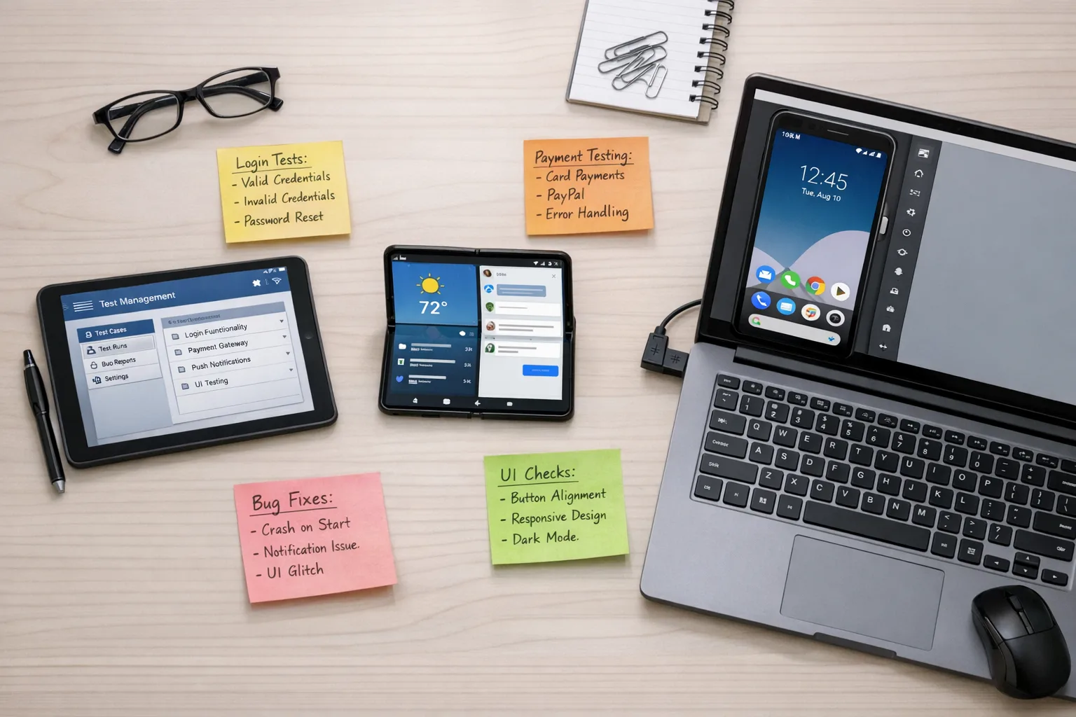 QA bench testing Android 17 Beta 2 across tablet, foldable, and emulator