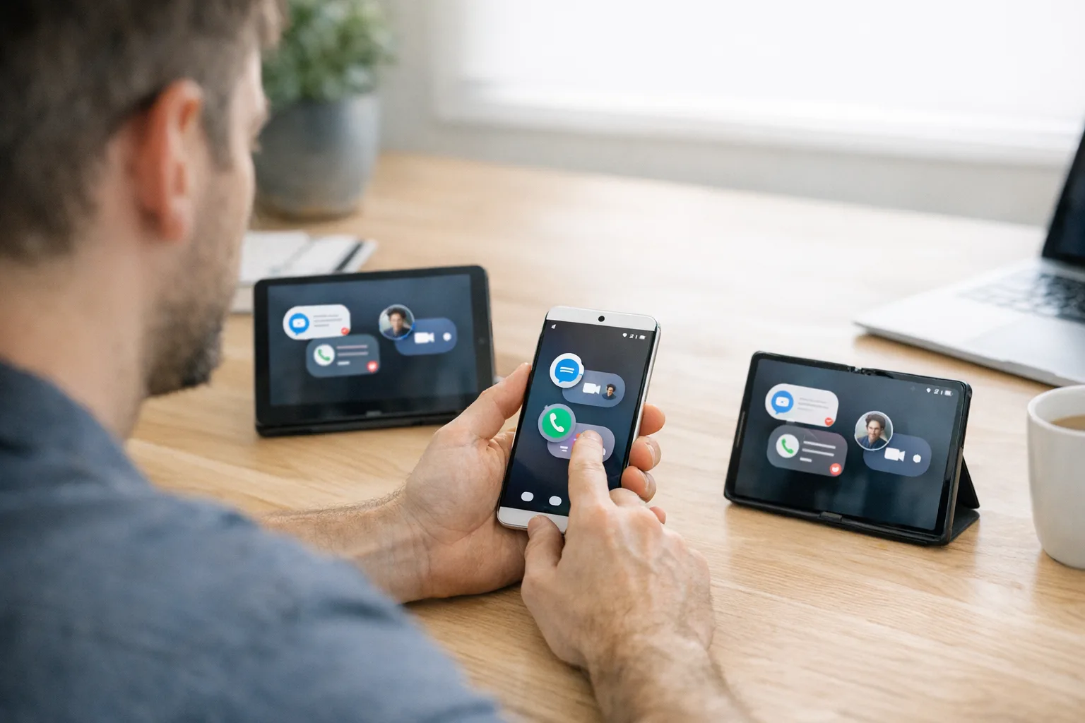 Developer testing Android 17 Beta 2 features across devices with floating bubbles on a tablet