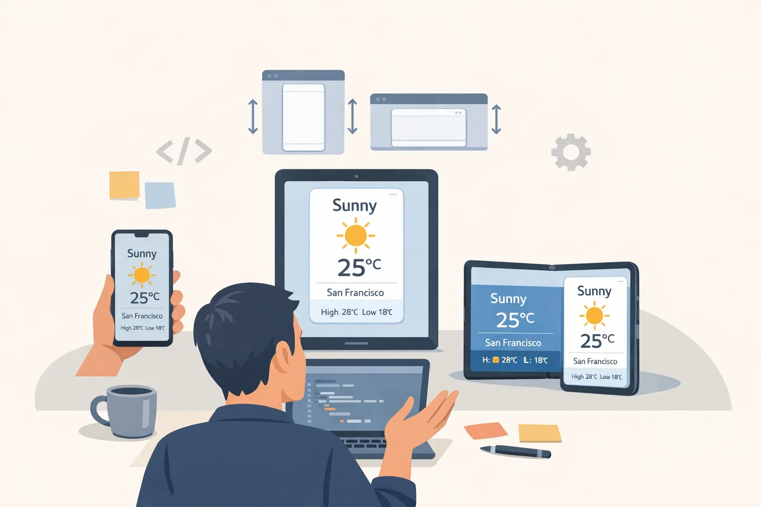 Illustration of adaptive Android UI across phone, tablet, and foldable
