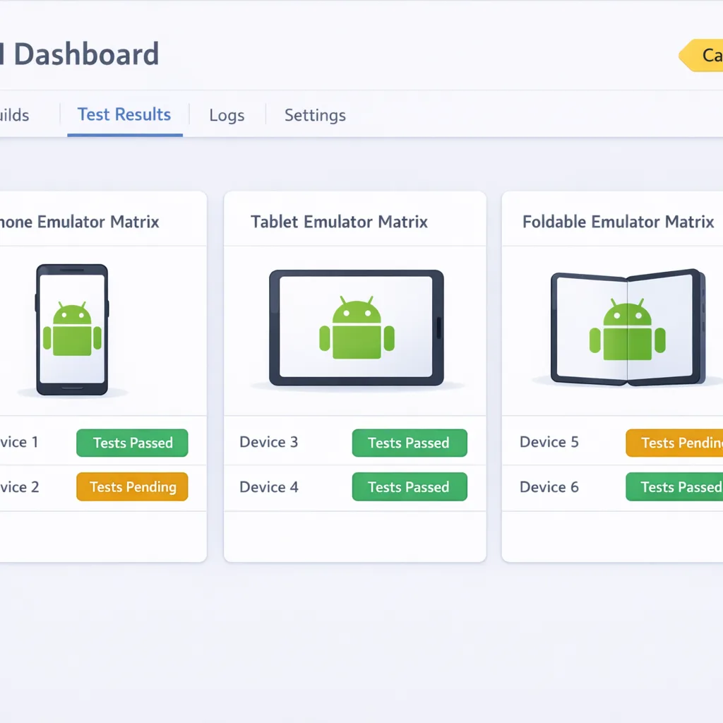 CI dashboard mockup for Android emulator matrix with Canary runs