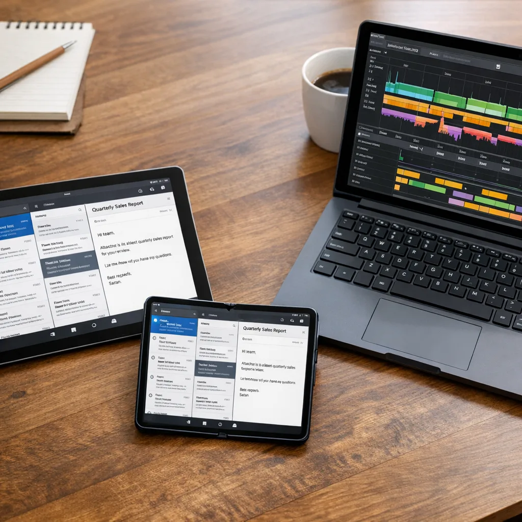 Photo of tablet and foldable device testing an adaptive email UI with performance traces