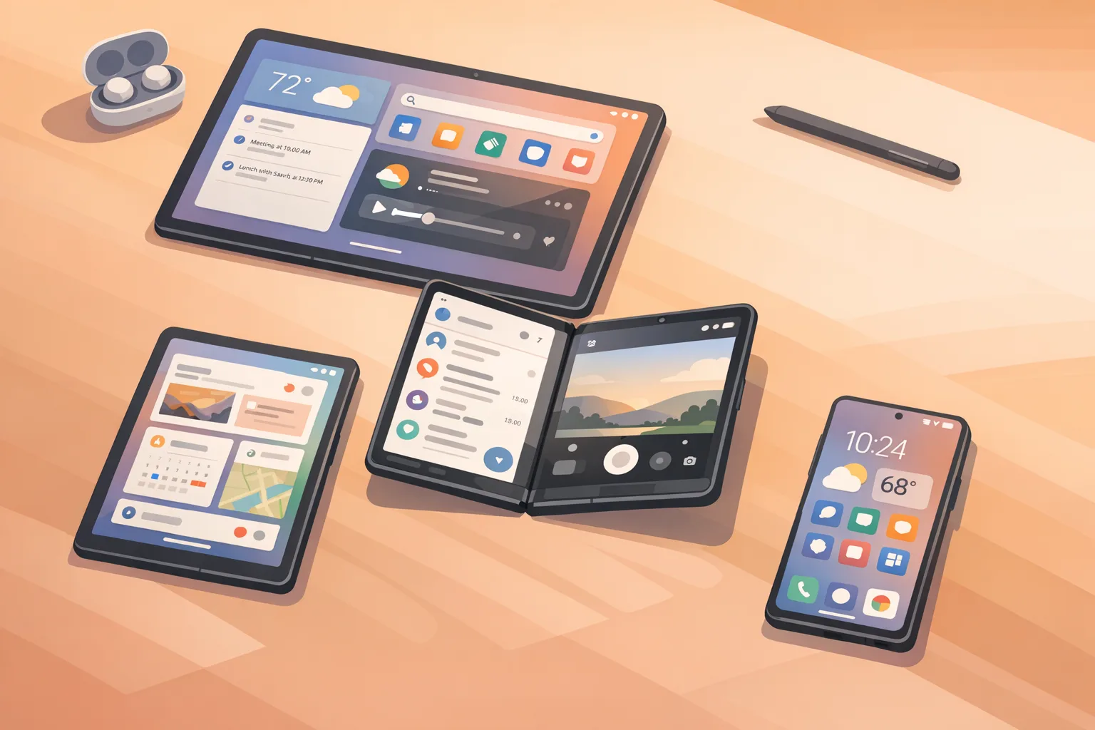 Android devices showing adaptive layouts on tablets, foldables, and phones