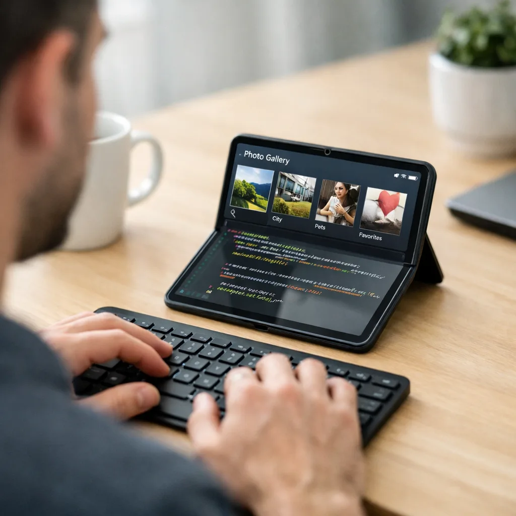 Developer testing an Android app on a foldable in tabletop mode
