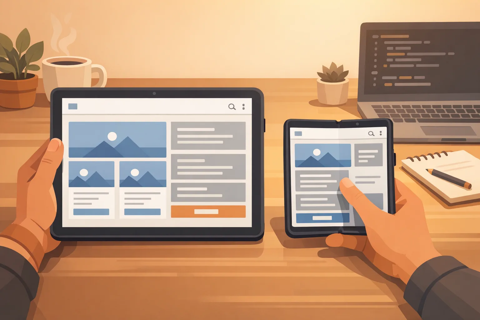 Developer testing Android app on tablet and foldable showing adaptive layouts
