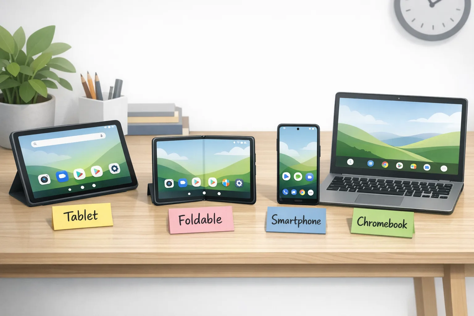 Multiple Android devices on a desk labeled Beta, Stability, GA