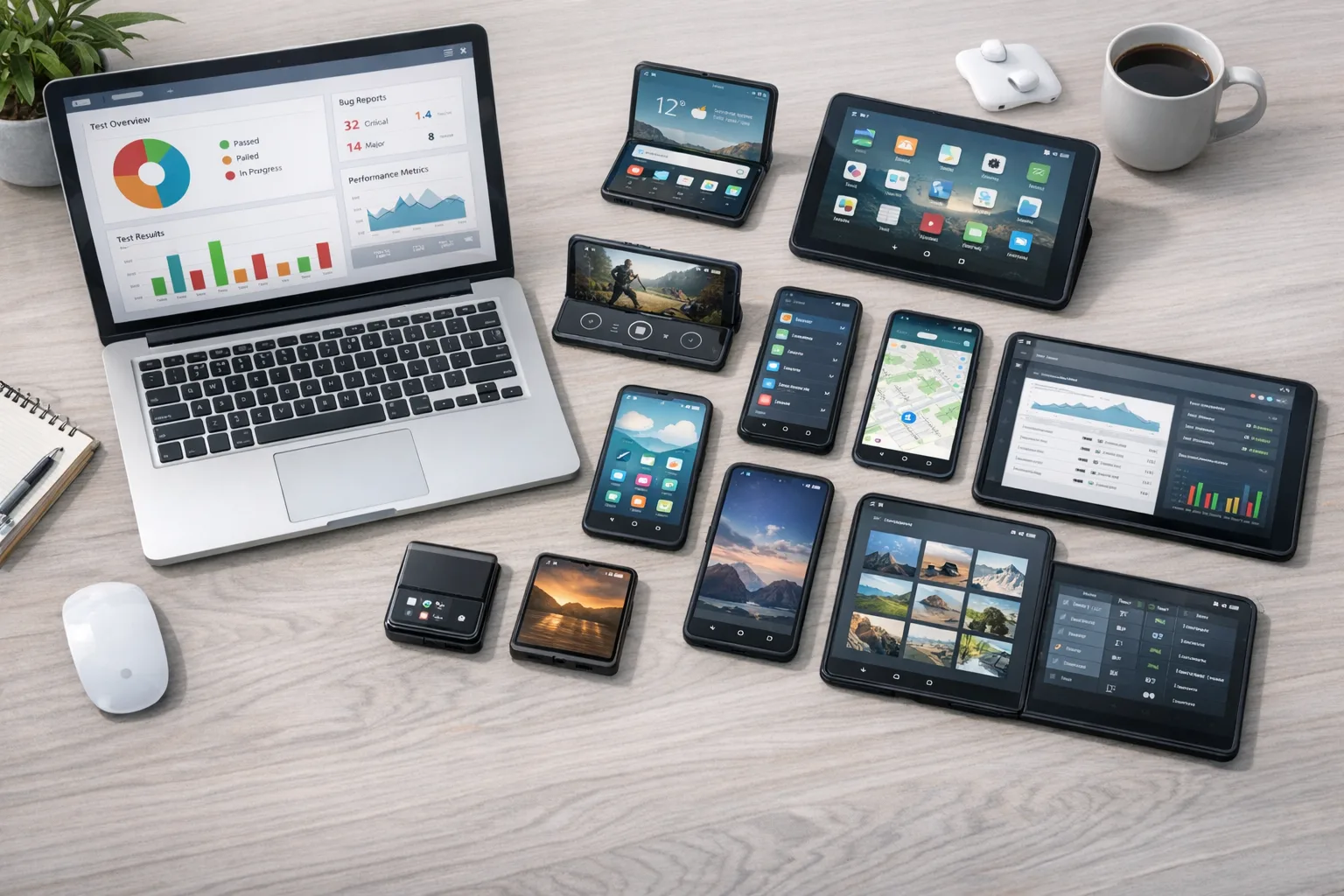 Android test bench with phones, foldables, and tablets running app builds
