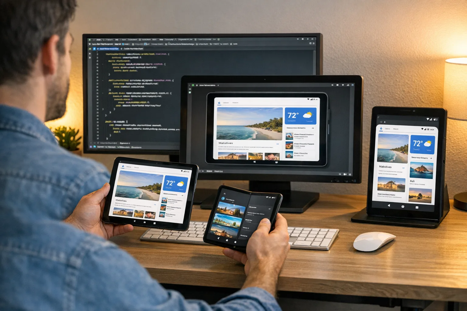 Developer testing Android app layouts on tablet and foldable
