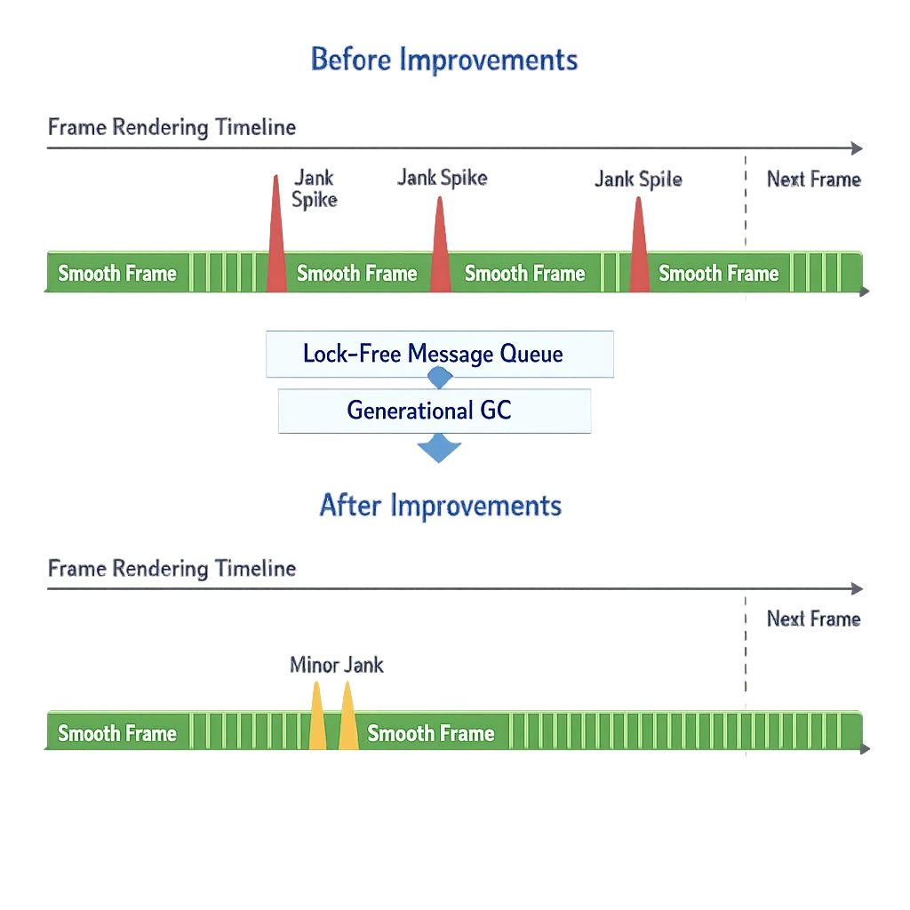 Illustration comparing frame timing before and after Android 17 performance changes