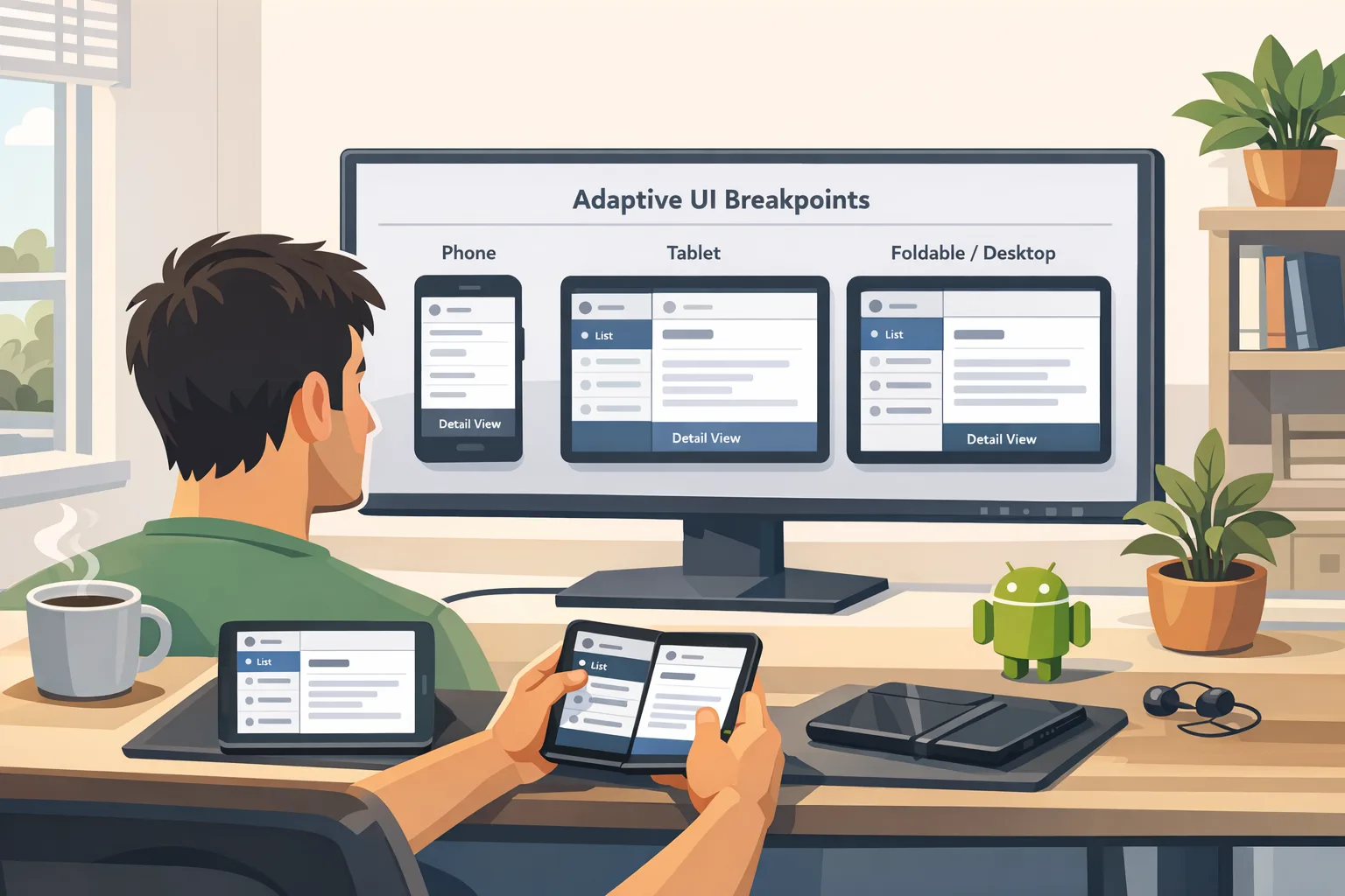Developer testing adaptive Android layouts on tablet and foldable