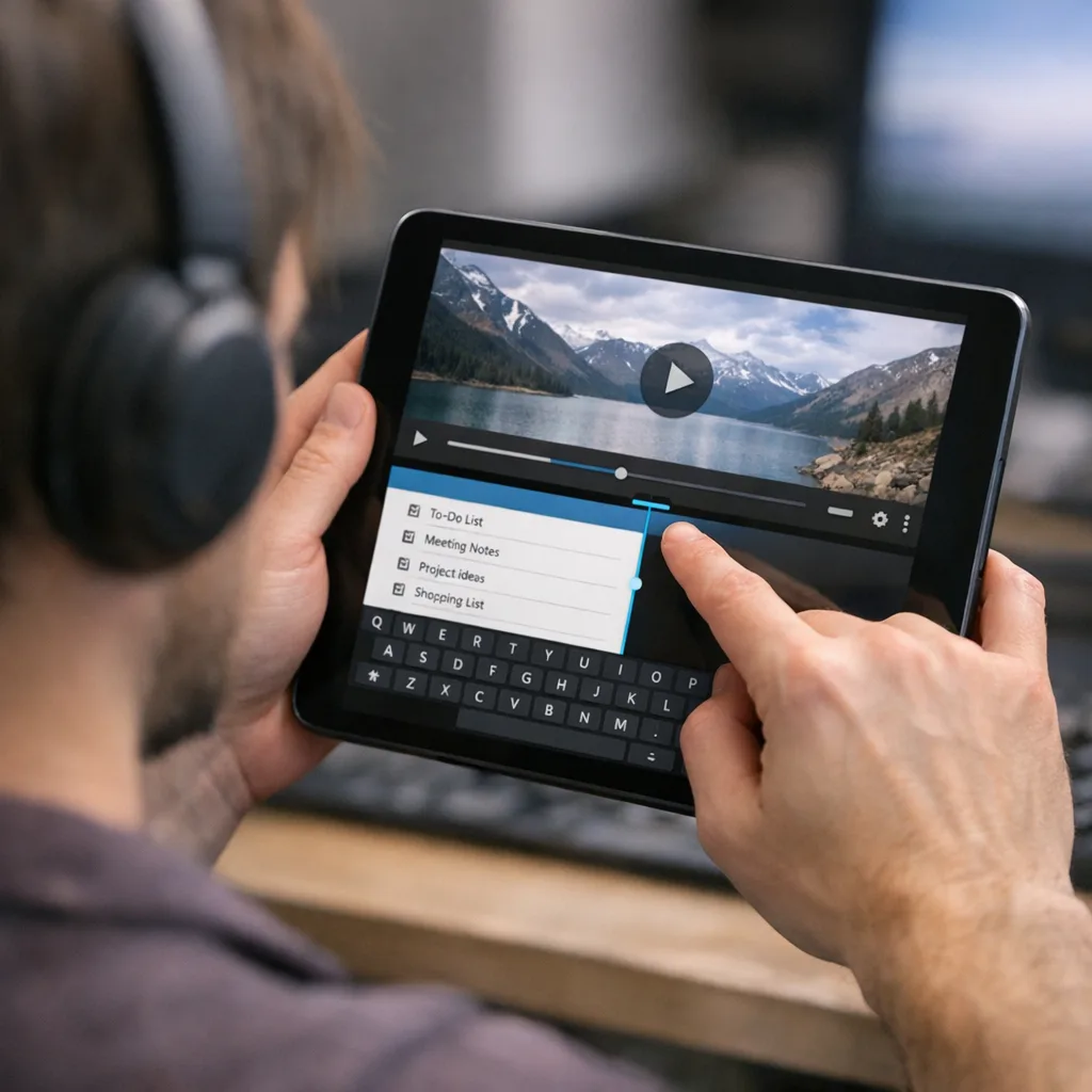 QA tester rotating a tablet and resizing a split-screen Android app