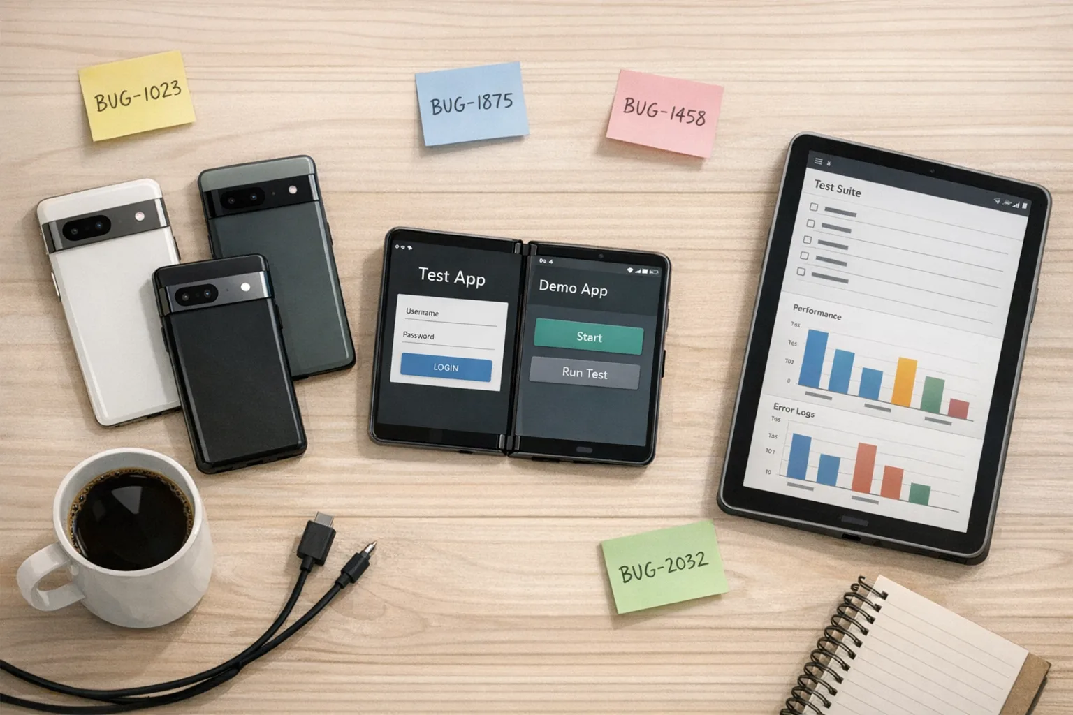Android app testing across Pixel phones, a foldable, and a tablet
