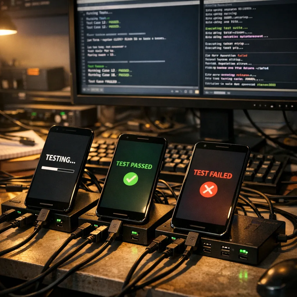 QA bench running automated Android tests across devices
