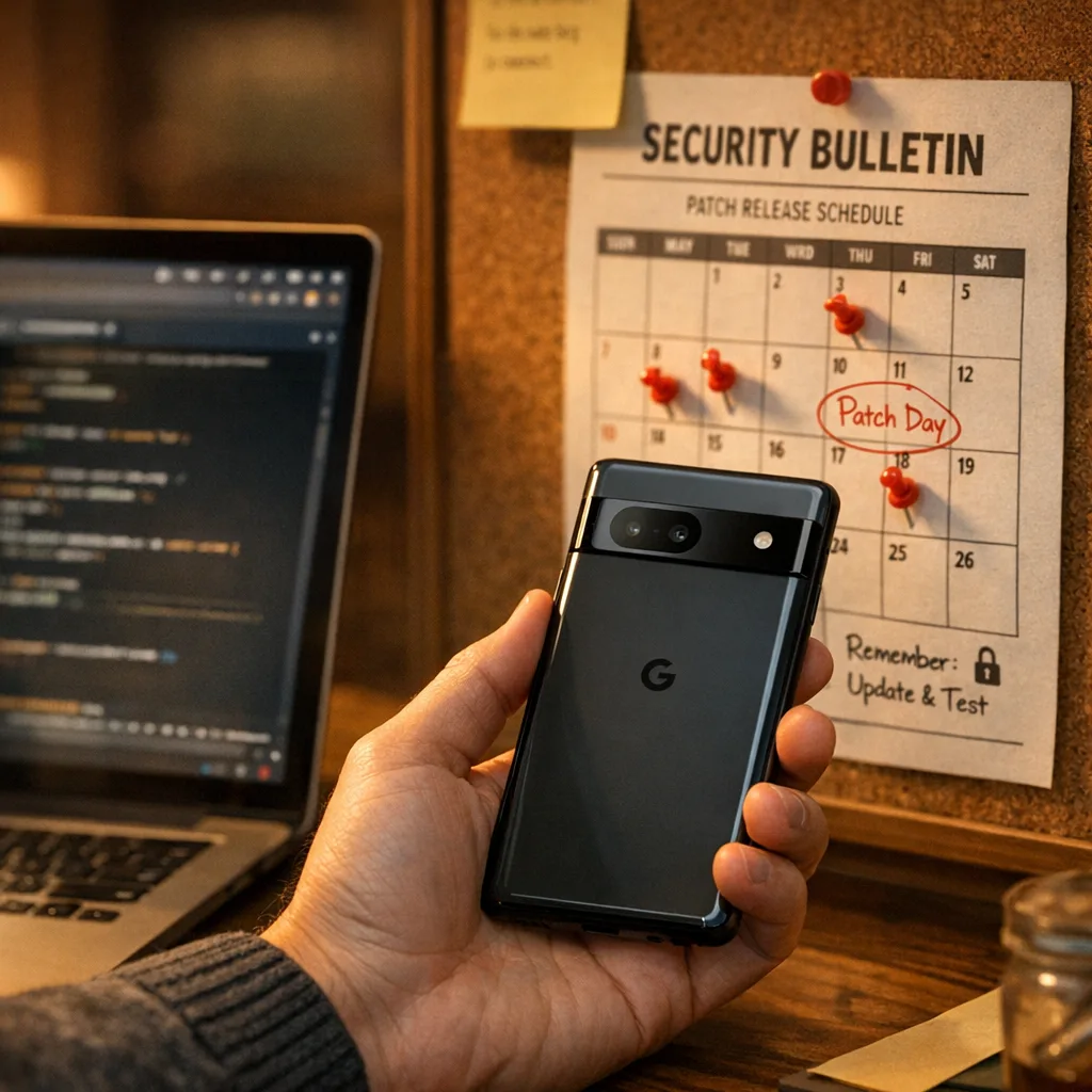 Engineer checking Android security bulletin dates while testing a Pixel
