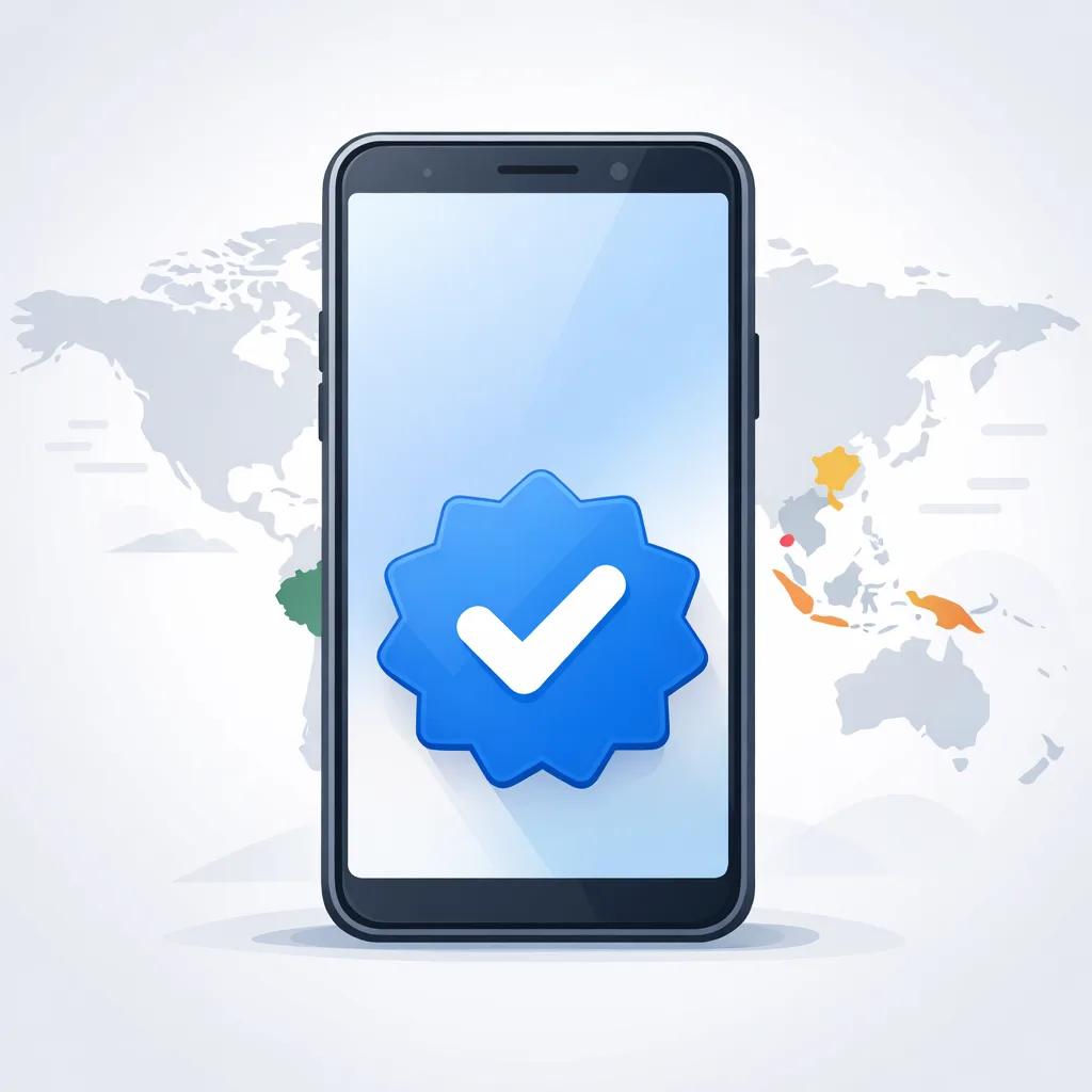 Verified badge on a smartphone with first enforcement regions highlighted