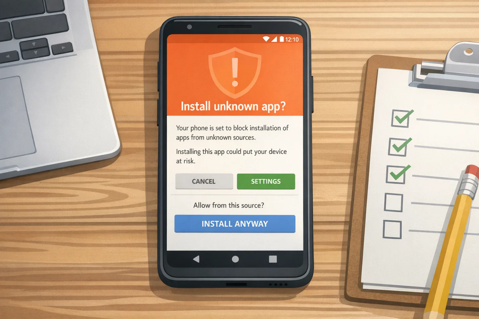 Illustration of Android sideloading prompt and developer checklist