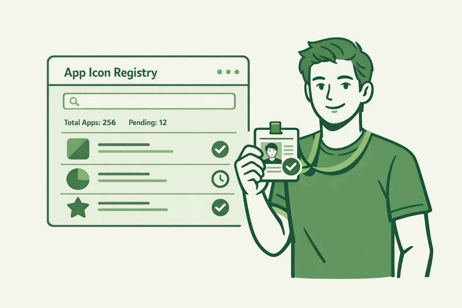Illustration of Android developer verification showing an ID badge and package registration dashboard