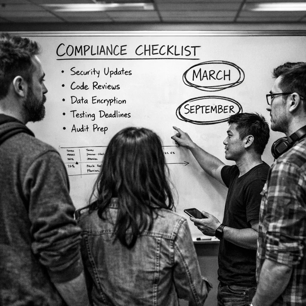 Team reviewing a verification checklist with dates on a whiteboard