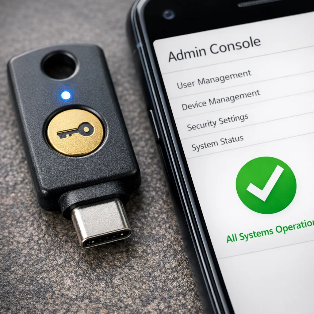 Security key next to a phone showing a verified developer badge