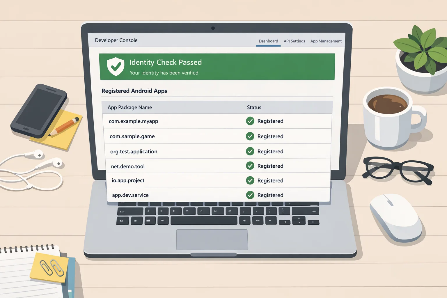 Illustration of developer verification dashboard with registered apps