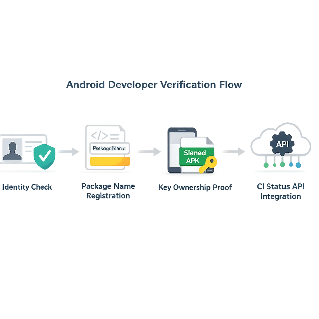 Diagram of Android developer verification and package registration workflow
