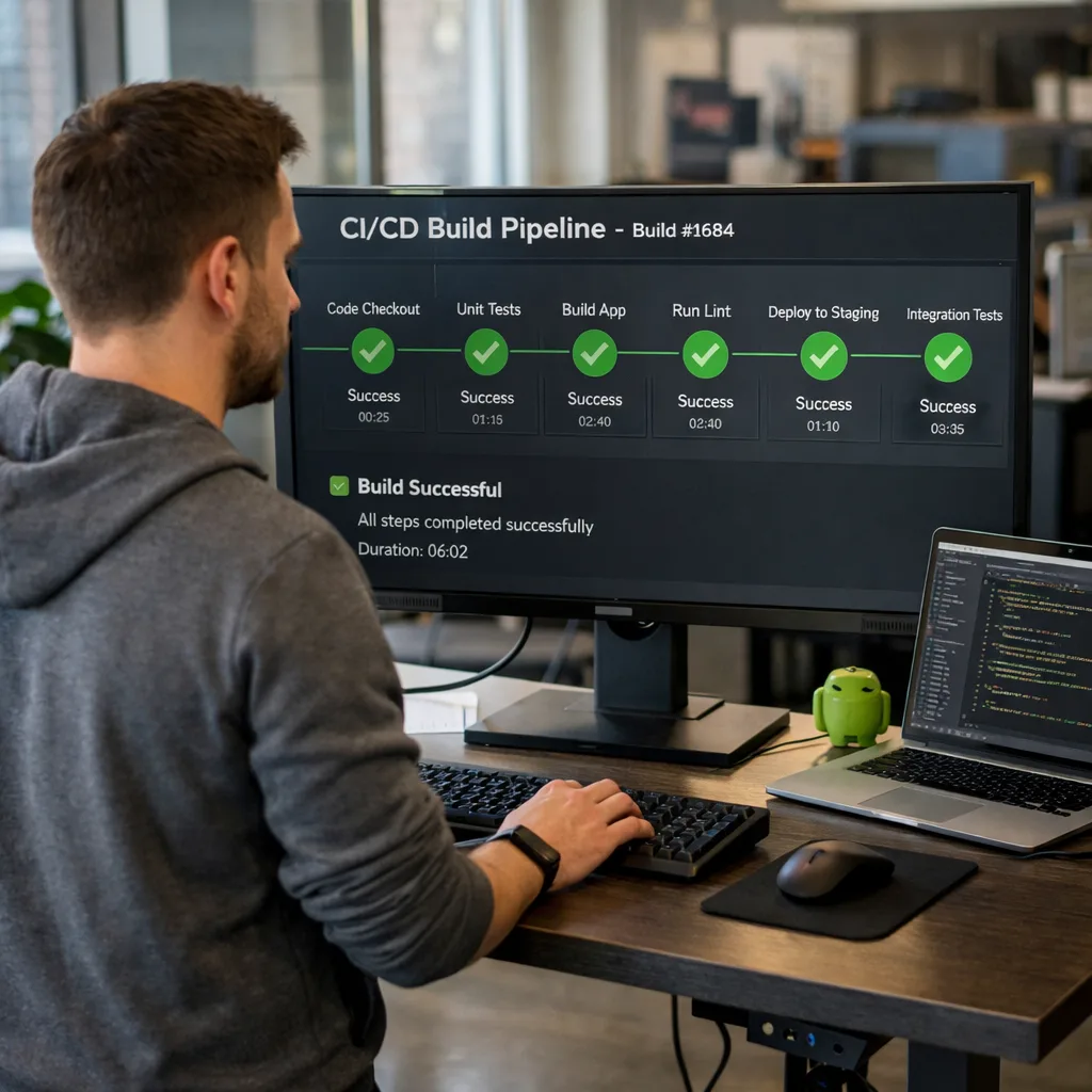 Developer reviewing CI pipeline with registration checks