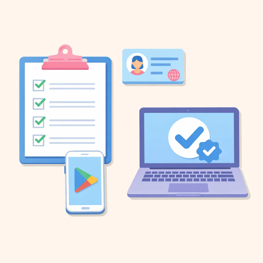 Illustrated verification checklist with ID and app icons