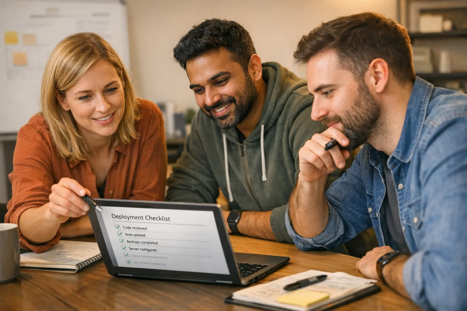 Team finishing a deployment checklist before release