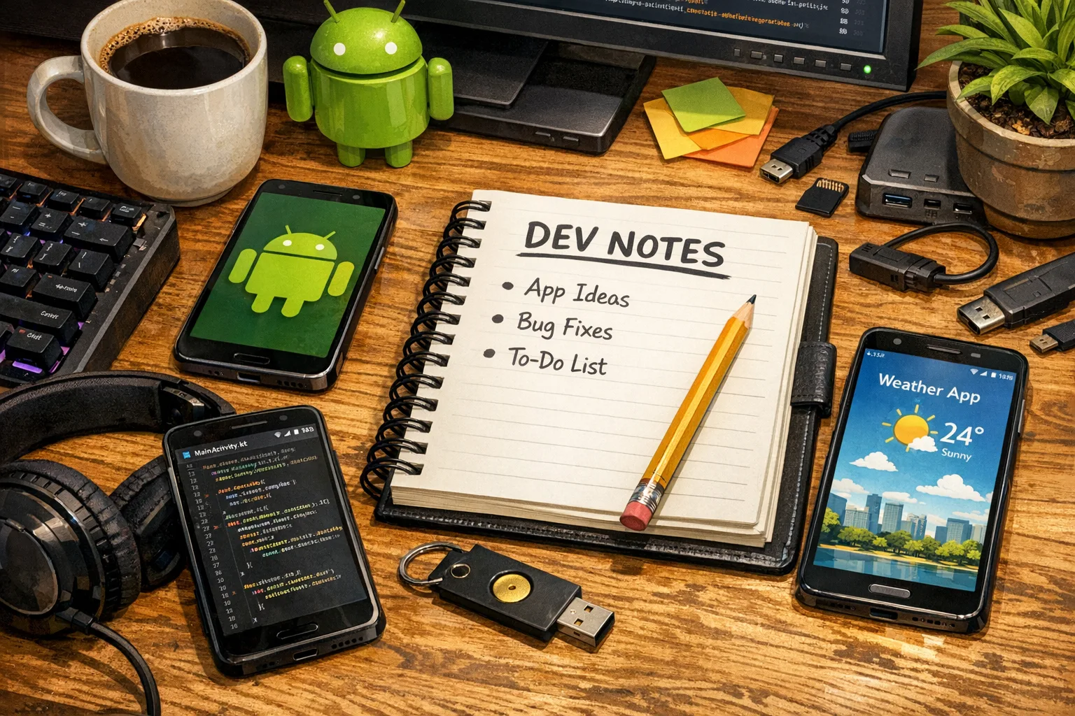 Illustration of an Android verification checklist with phones and a security key
