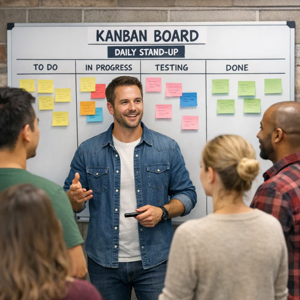 Team stand-up reviewing verification tasks