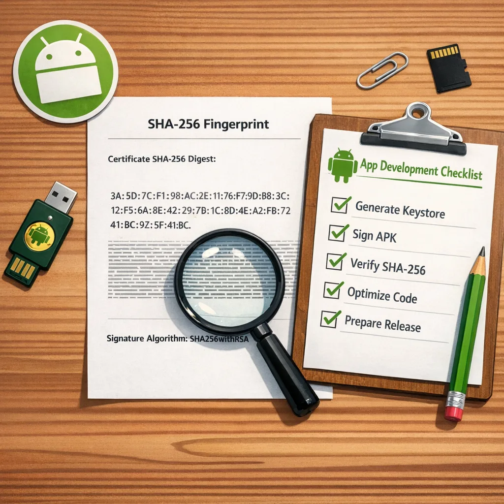 Artifacts for Android app signing and verification including keystore and SHA‑256 fingerprint